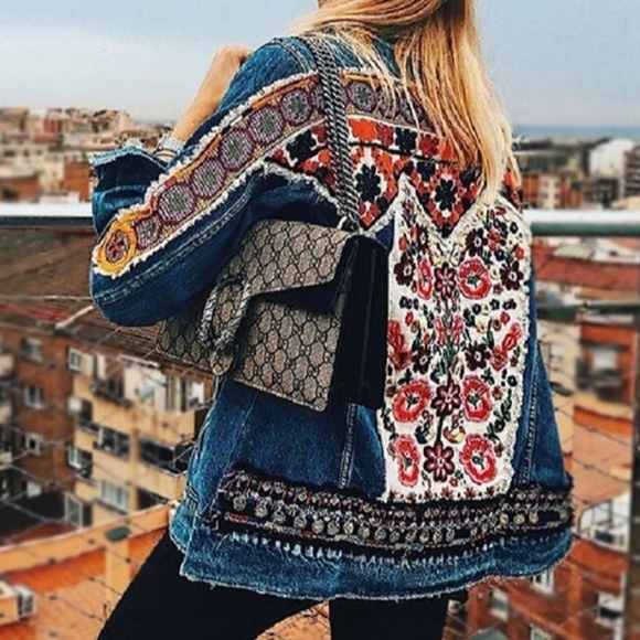 Oversized Embroidered,  Tribal Print, Jean Jacket - Picture 16 of 16